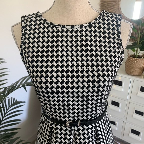 Calvin Klein Black White Houndstooth Belted Sleeveless Fit & Flare Work Dress 2 - Picture 3 of 12